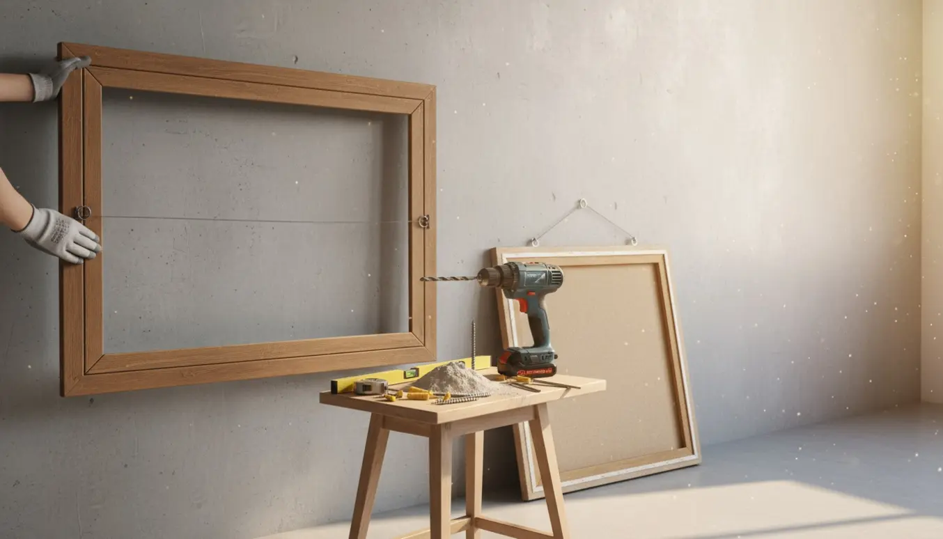 To personer hænger malerier på en betonvæg med boremaskine, rawlplugs og vaterpas.