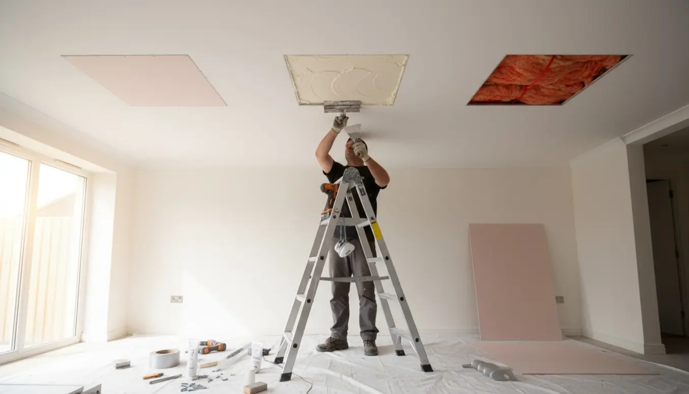 Håndværker reparerer tre huller i loftet med brandhæmmende gips og værktøj på en stige.