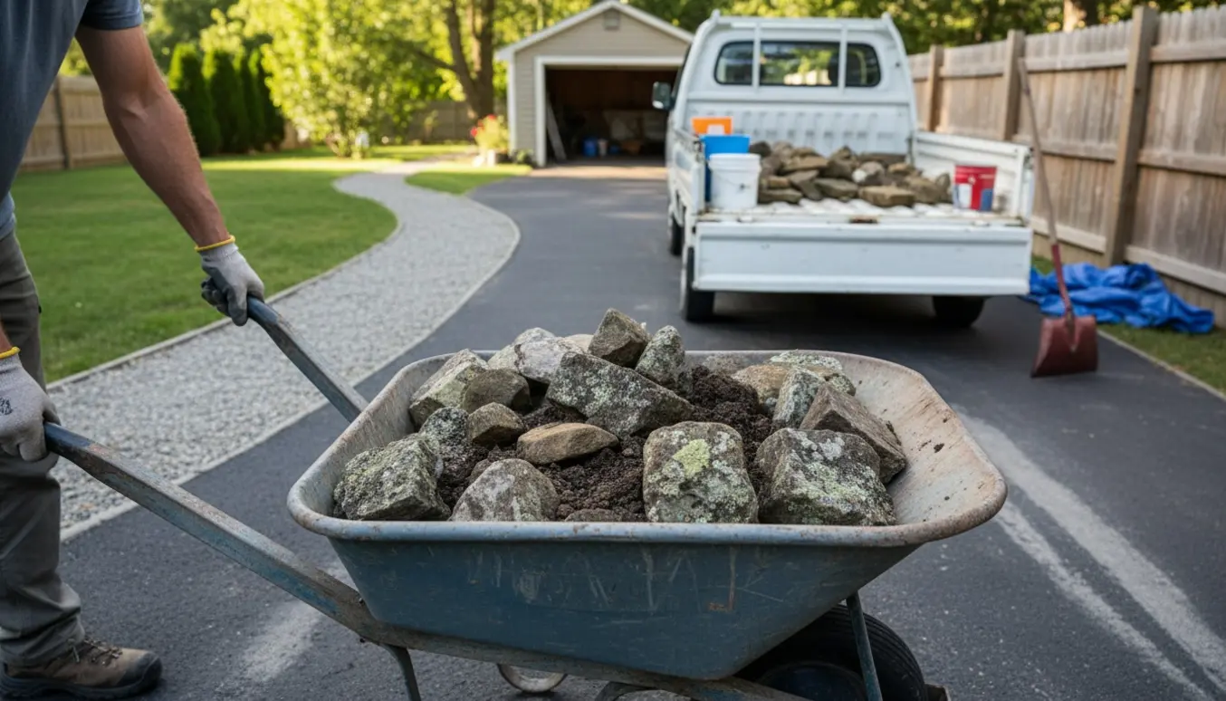Trillebør fyldt med marksten i en baghave ved en åben varevogn, med spande malerrester klar til aflevering.