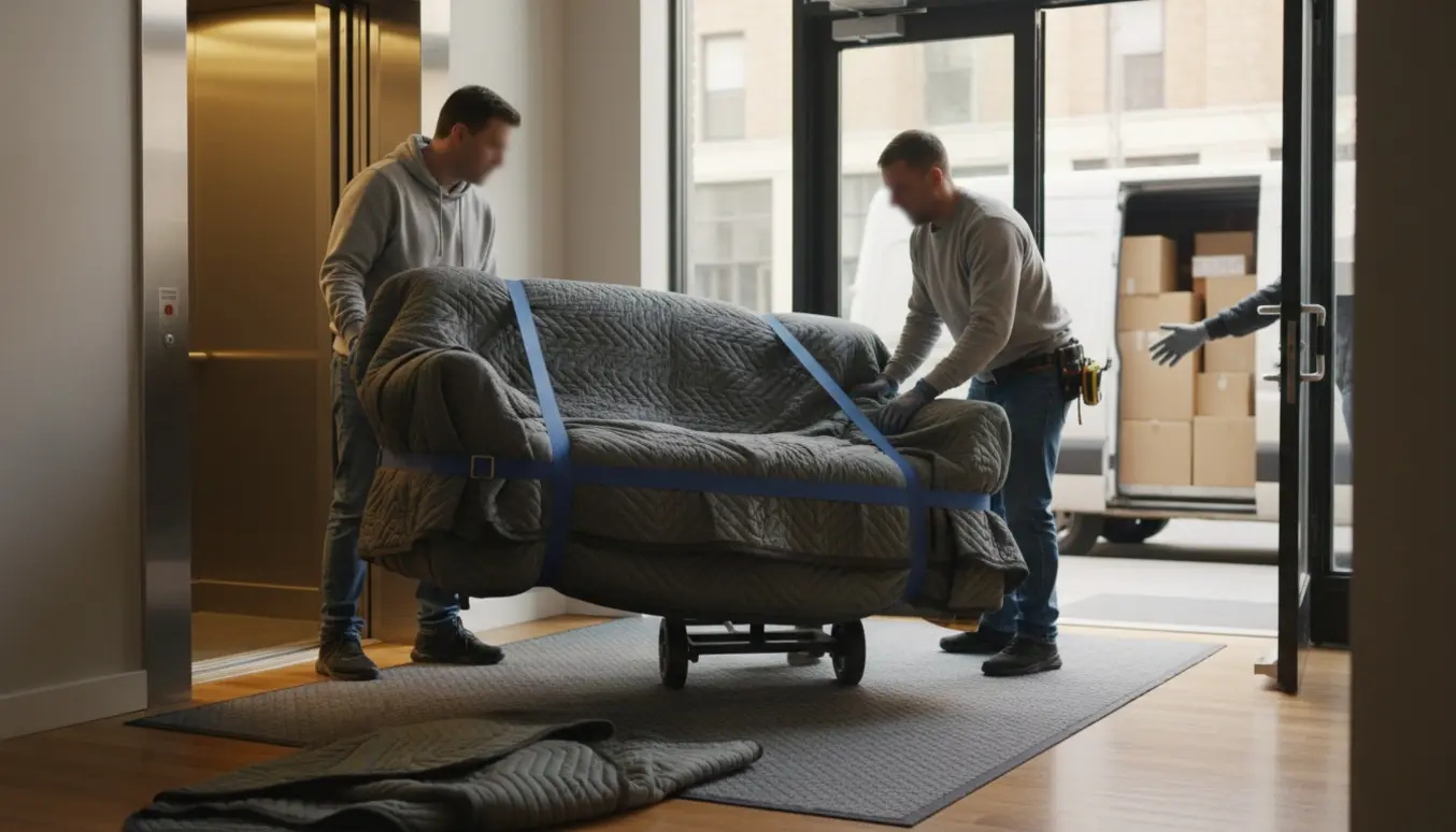To personer løfter en brugt sofa ind i en lejlighedselevator med beskyttelsestæpper og flytteudstyr.