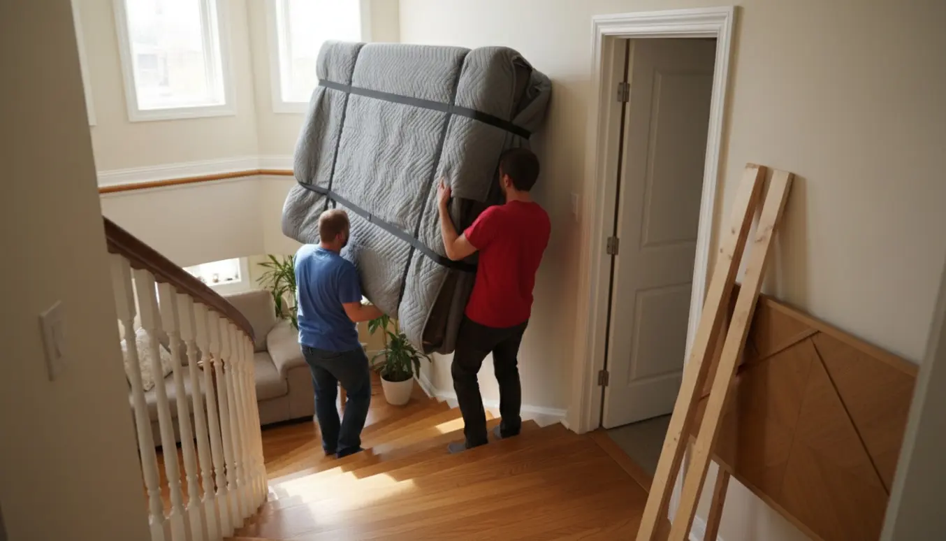 To personer bærer en stor sengeramme op ad en snørklet trappe, dækket af flyttetæpper.