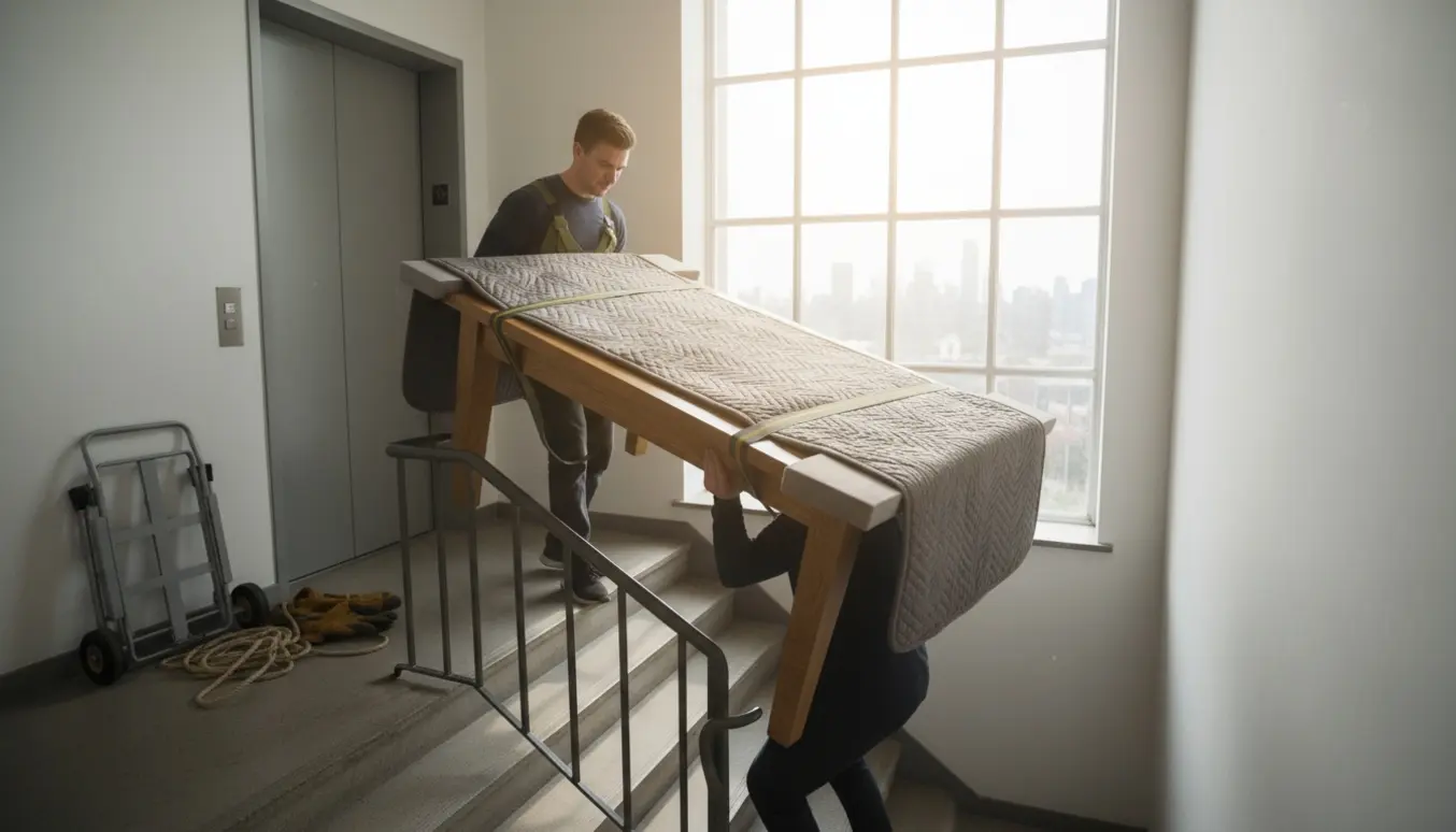 Flyttefolk bærer et stort spisebord ned ad en smal opgang fra 9. etage, indpakket i flyttetæpper og sikret med stropper.