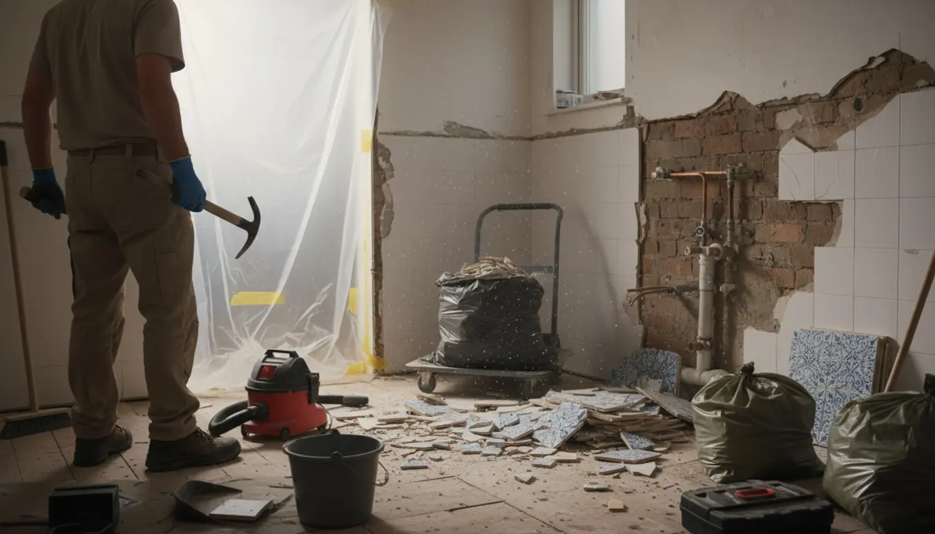Et lille badeværelse under nedrivning med fjernede fliser, murrester, værktøj og en plastikstøvvæg.