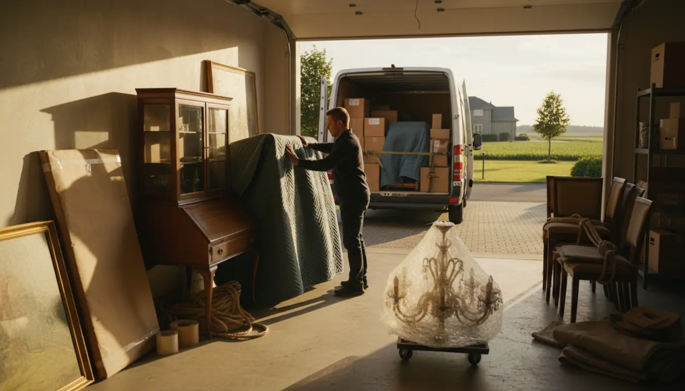 Flyttefolk laster indpakkede møbler og malerier fra en fyldt garage ind i en flyttevogn i gyldent dagslys.