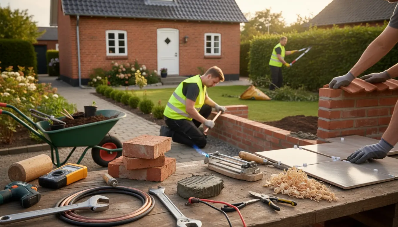 Lærling og håndværkere arbejder med VVS, el, murer-, tømrer- og haveopgaver foran et parcelhus i Odense.