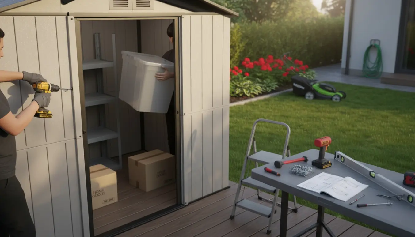 Delvist samlet Keter Manor Pent 6x6 skur i baghaven med værktøj og kasser klar til at blive flyttet ind.