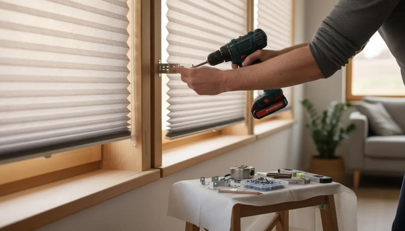 To hænder monterer et smalt og et bredt plisségardin i et lyst, moderne rum.