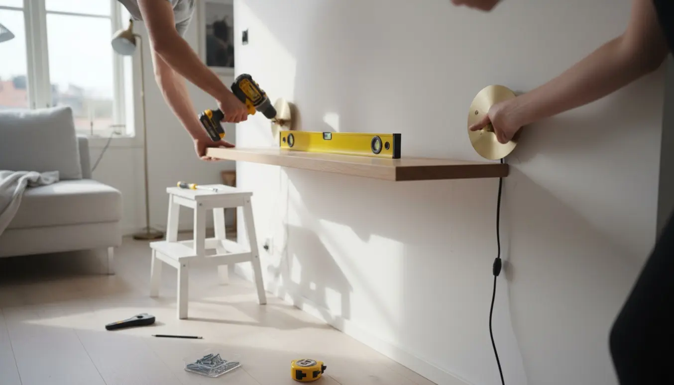 Hænder monterer en svævehylde og en væglampe på en lys væg med værktøj synligt.