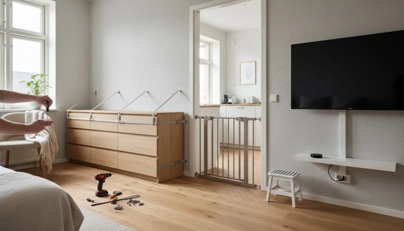 Oversigt over en lille lejlighed med børnegitter, vægmonteret fjernsyn, tre fastgjorte kommoder og skjulte ledninger.
