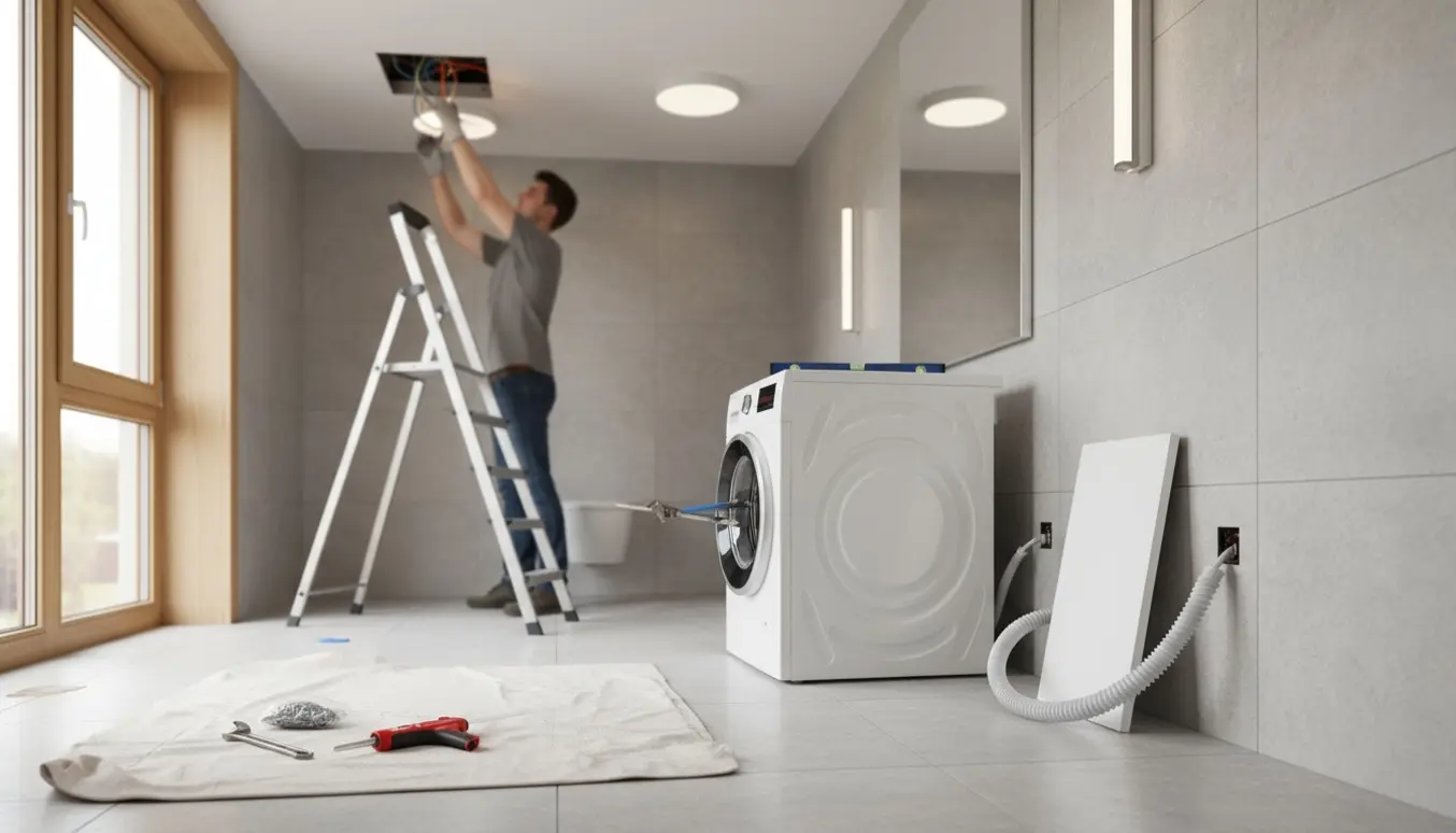 Håndværker monterer lamper i et lyst badeværelse med vaskemaskine og toiletskab.