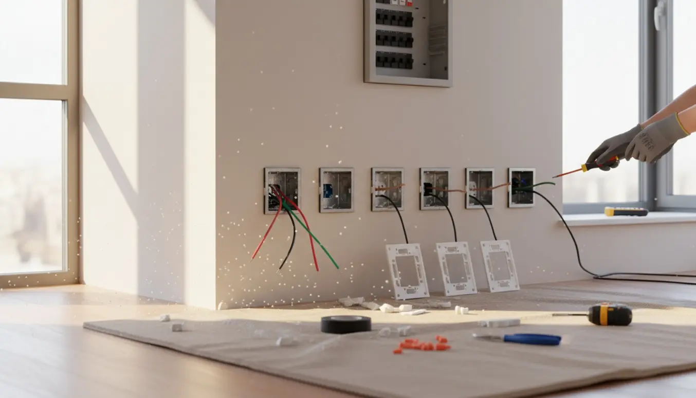 Elektriker arbejder med at etablere seks nye stikkontakter i en stue med værktøj og afdækkede kabler.