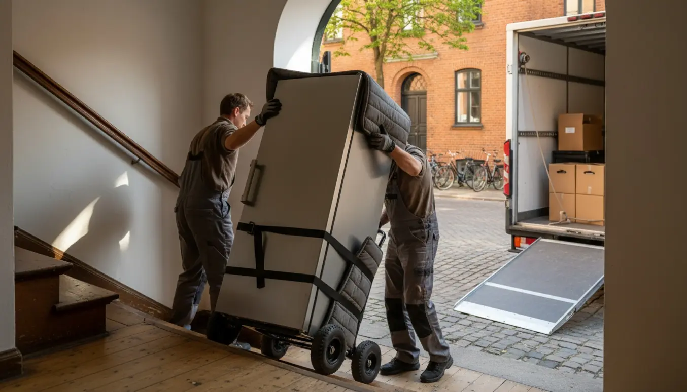 To flyttemænd bærer et køleskab ned ad en trappe mod en flyttebil på en træbevokset københavnsk gade.