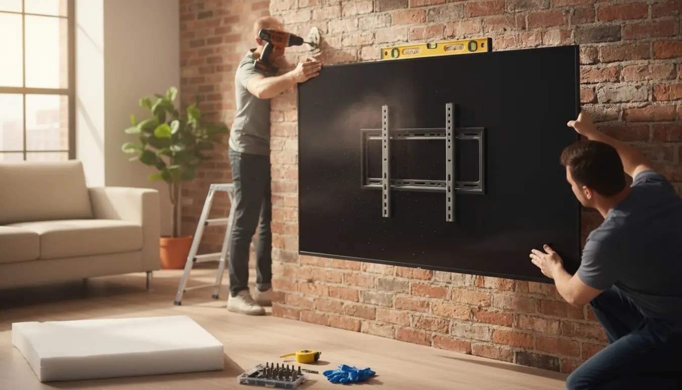En 75-tommer fladskærm monteres på en indvendig murstensvæg af to personer med værktøj.
