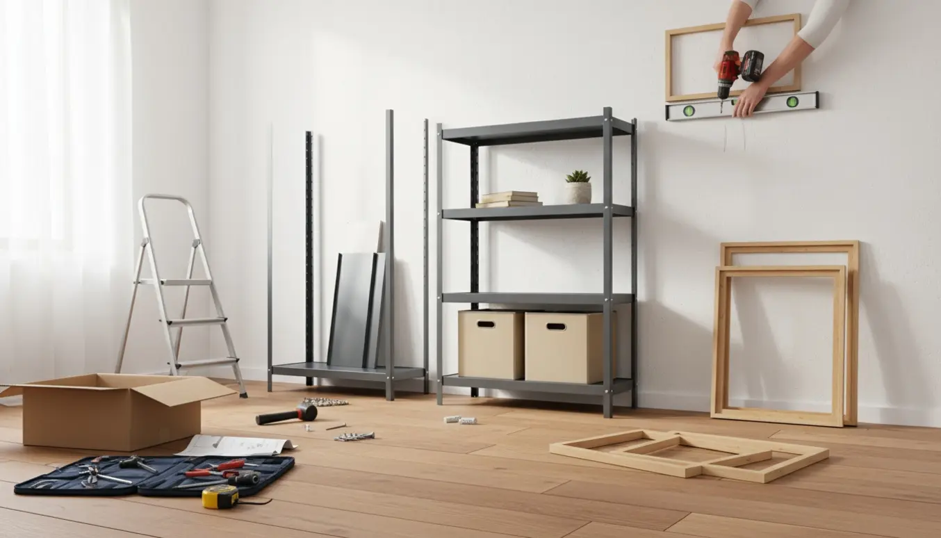 Hænder monterer stålreoler og hænger billeder op i et lyst rum.