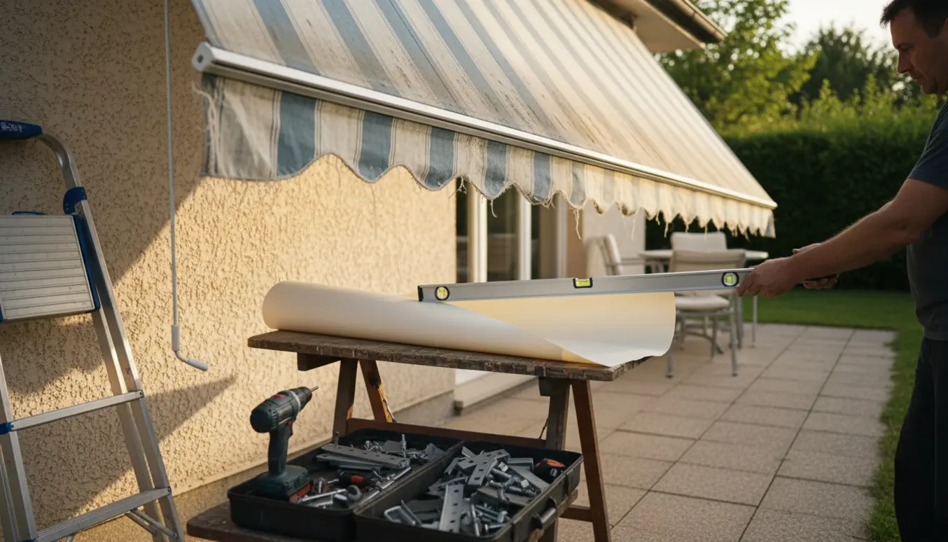 En skæv gammel markise over en terrasse med værktøj og nyt, længere markisestof klar til reparation eller udskiftning.