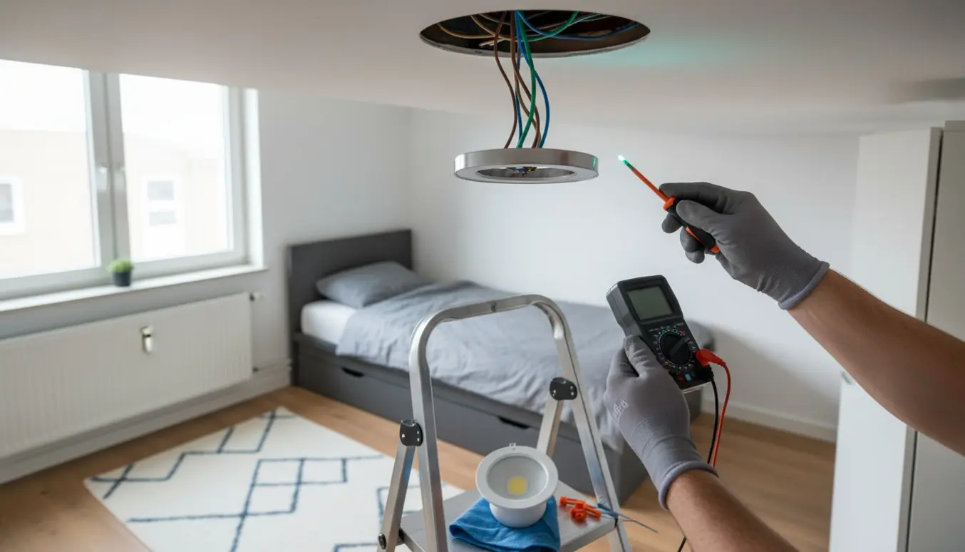 Hænder i handsker fejlfinder en afmonteret loftspot i en lille lejlighed med synlige ledninger og værktøj.