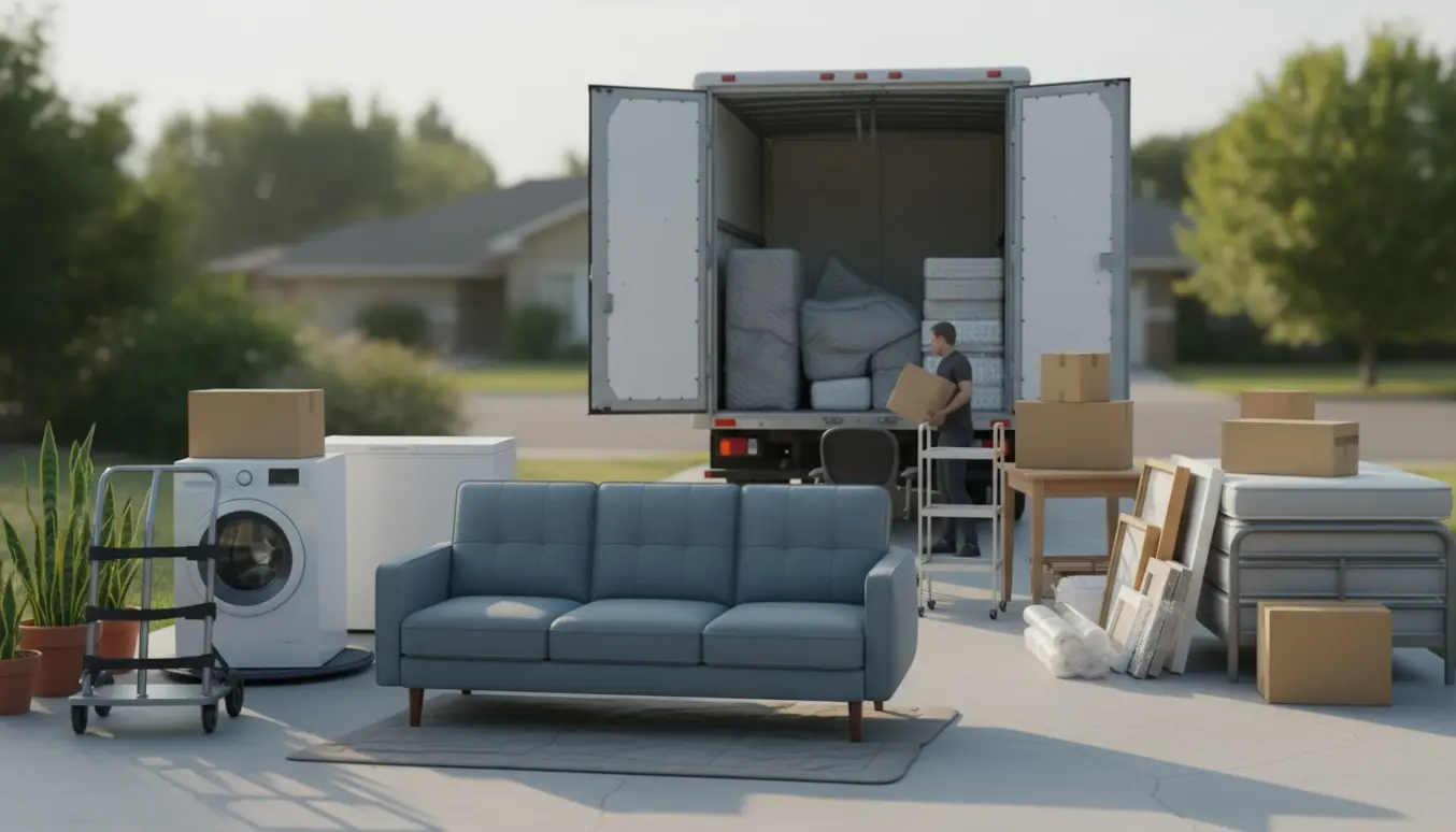 Åben flyttebil på indkørsel med sofa, vaskemaskine, fryser, stabler af flyttekasser og flytteudstyr i blødt dagslys.