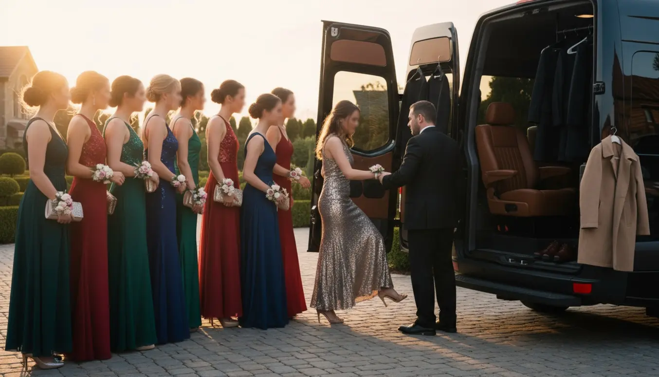 Chauffeur åbner døren til en luksusbil mens en gruppe unge kvinder i gallakjoler stiger ind ved aftentide.