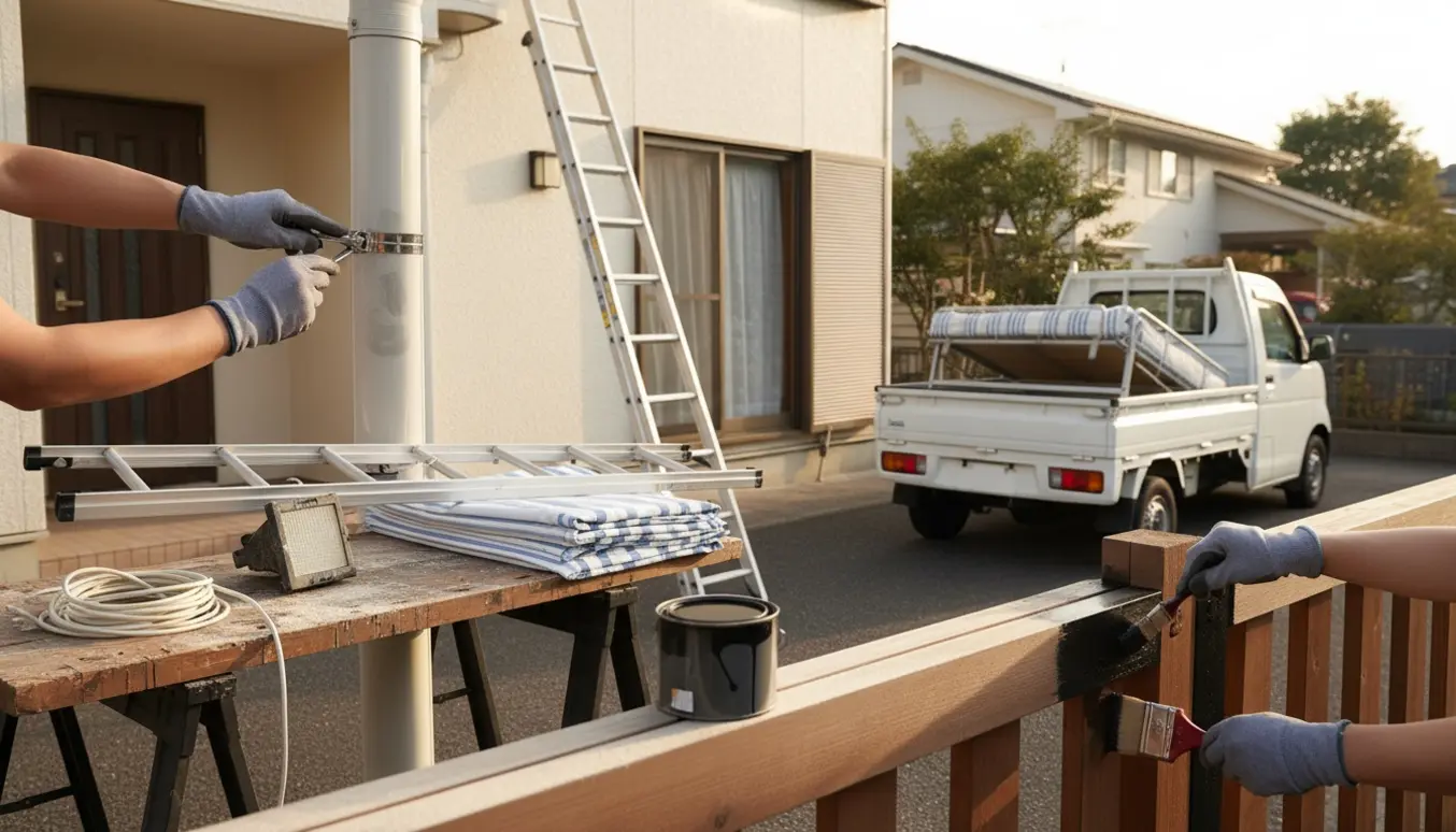 Udearbejde ved huset med repareret nedløbsrør, fjernet markise, slebet havelåge og sort maling klar.