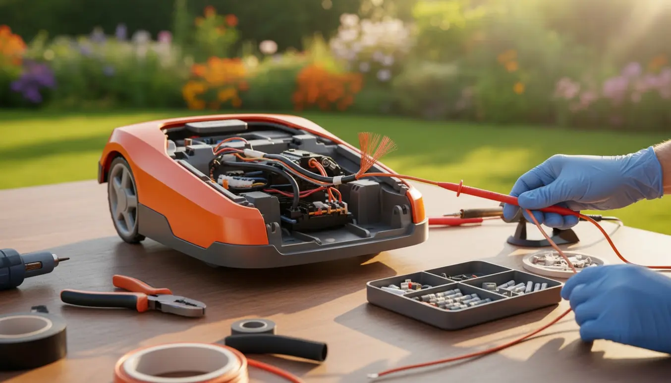 Nærbillede af en åben robotplæneklipper på et arbejdsbord, hvor handskerede hænder tester og reparerer et brudt kabel.