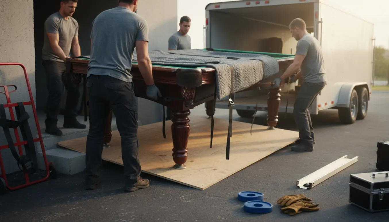 Fire mænd flytter et tungt poolbord fra kælderen ind i en åben trailer via en trærampe, beskyttet af tæpper og stropper.
