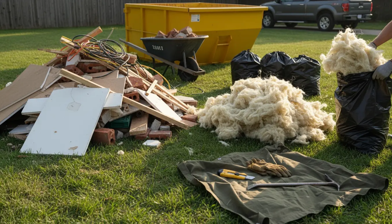 Bunker af byggeaffald og en bunke isolering i haven klar til bortkørsel.