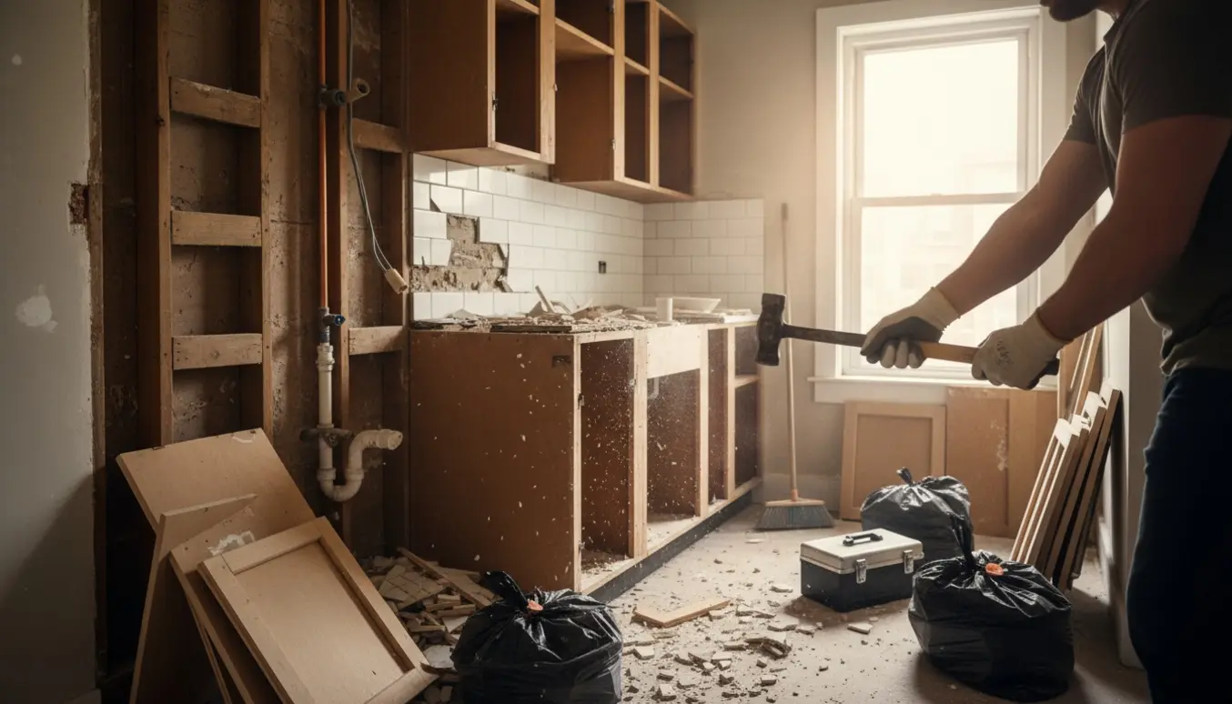Et lille køkken under nedrivning med handsker, brydeværktøj og bunker af skabsmaterialer i dagslys.