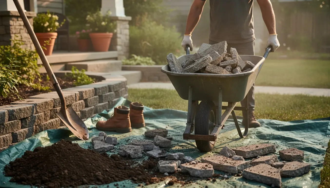 Forhave hvor betonstykker og jord bliver ryddet væk med trillebør og skovl, uden synlige ansigter.