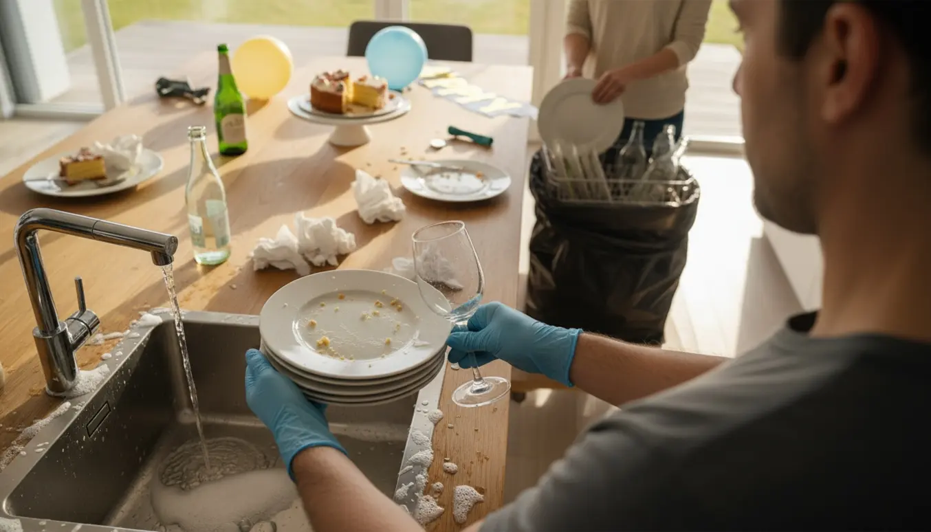 Hænder rydder op efter familiefest i et lyst køkken med brugte tallerkener, glas og opvask.