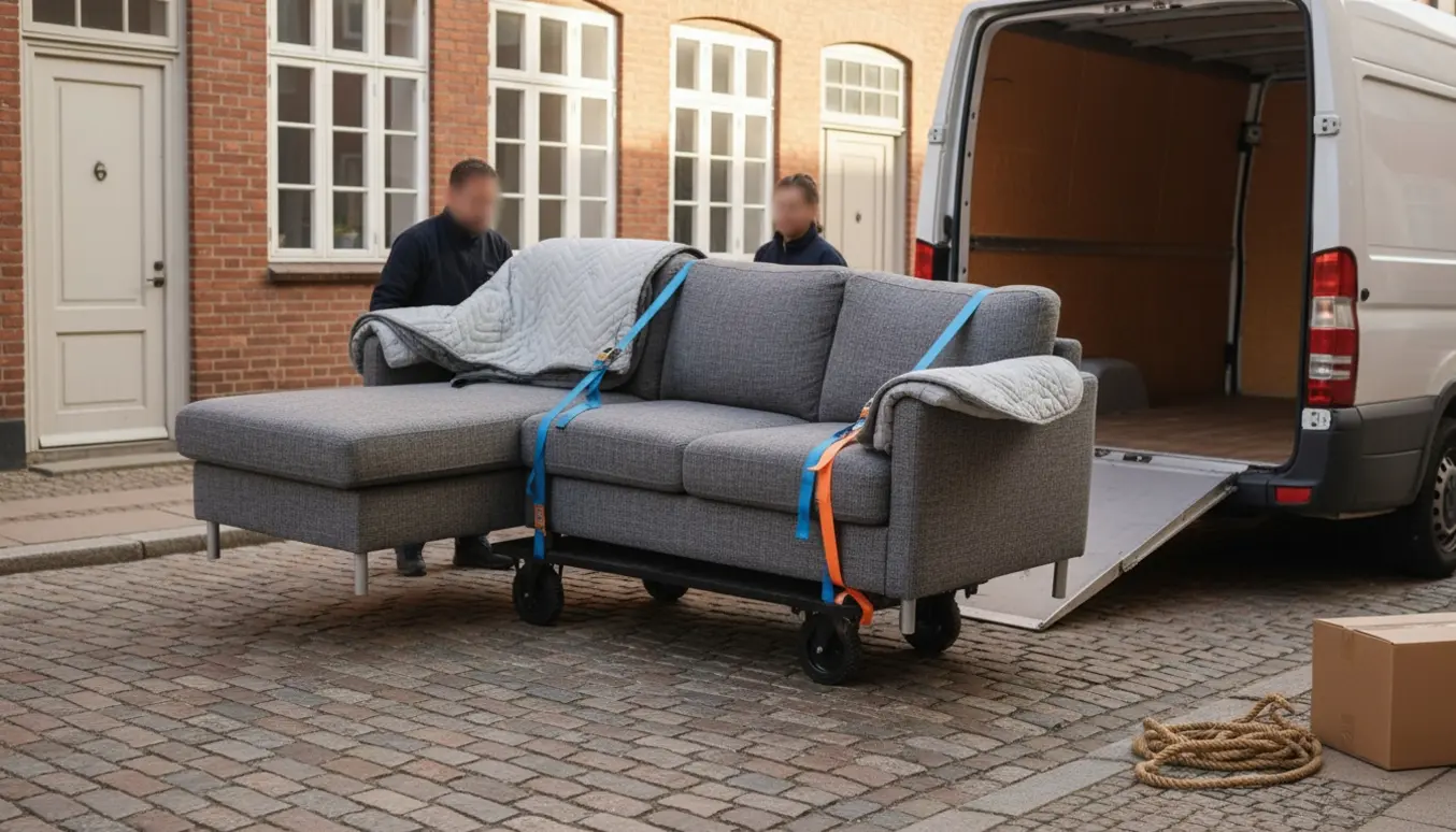 En sovesofa med chaiselong bliver forsigtigt lastet ind i en flyttevogn på en brostensgade i Aarhus.