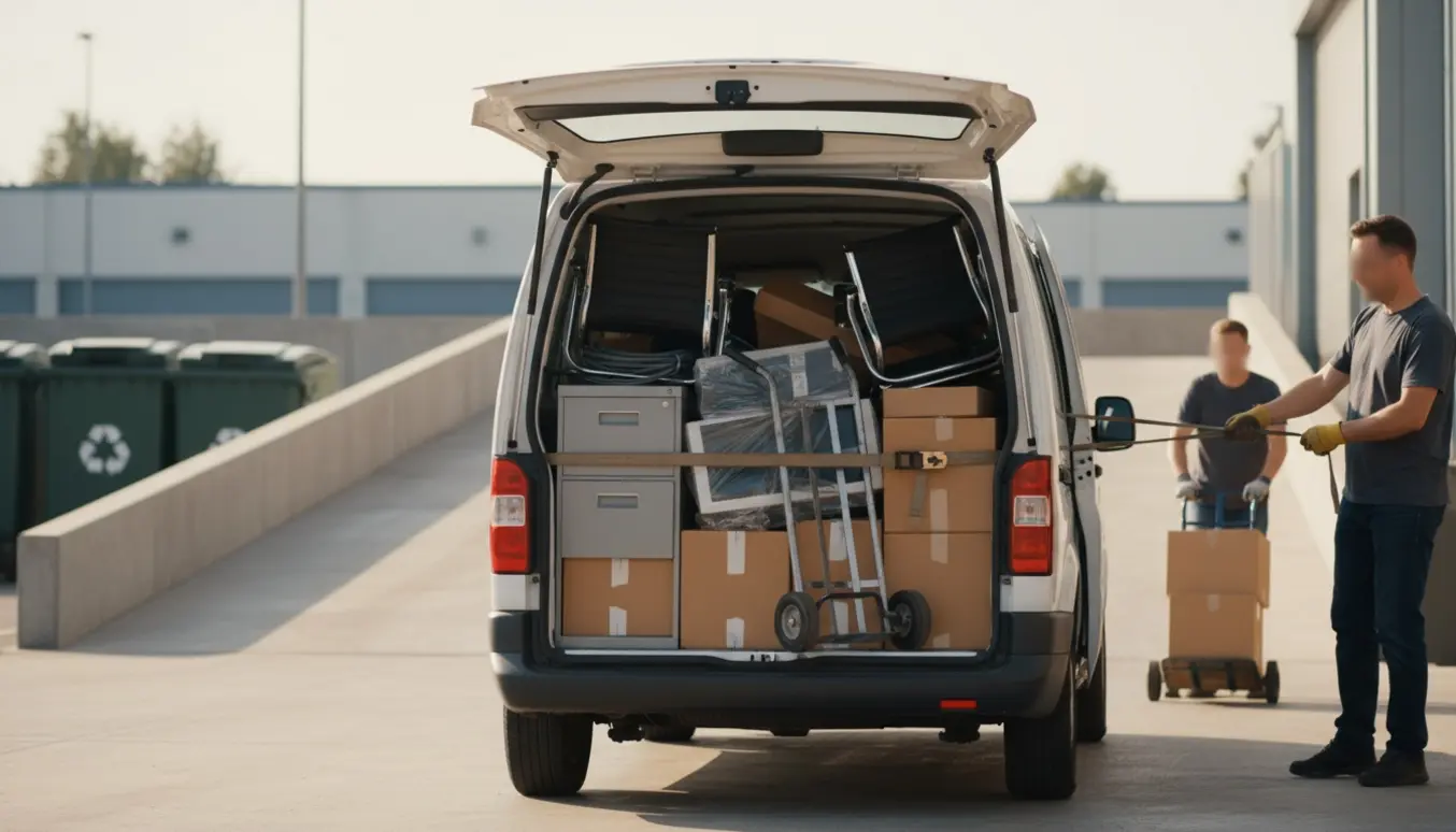 En varevogn læsset med kontormøbler og flyttekasser ved en genbrugsplads, klar til aflevering.