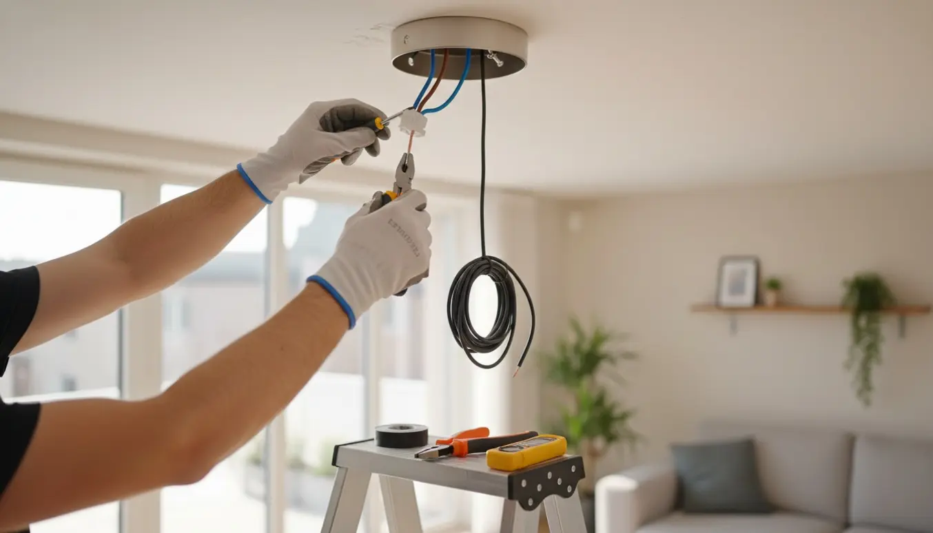 Nærbillede af hænder, der tilslutter ledninger til en loftlampe på en stige.