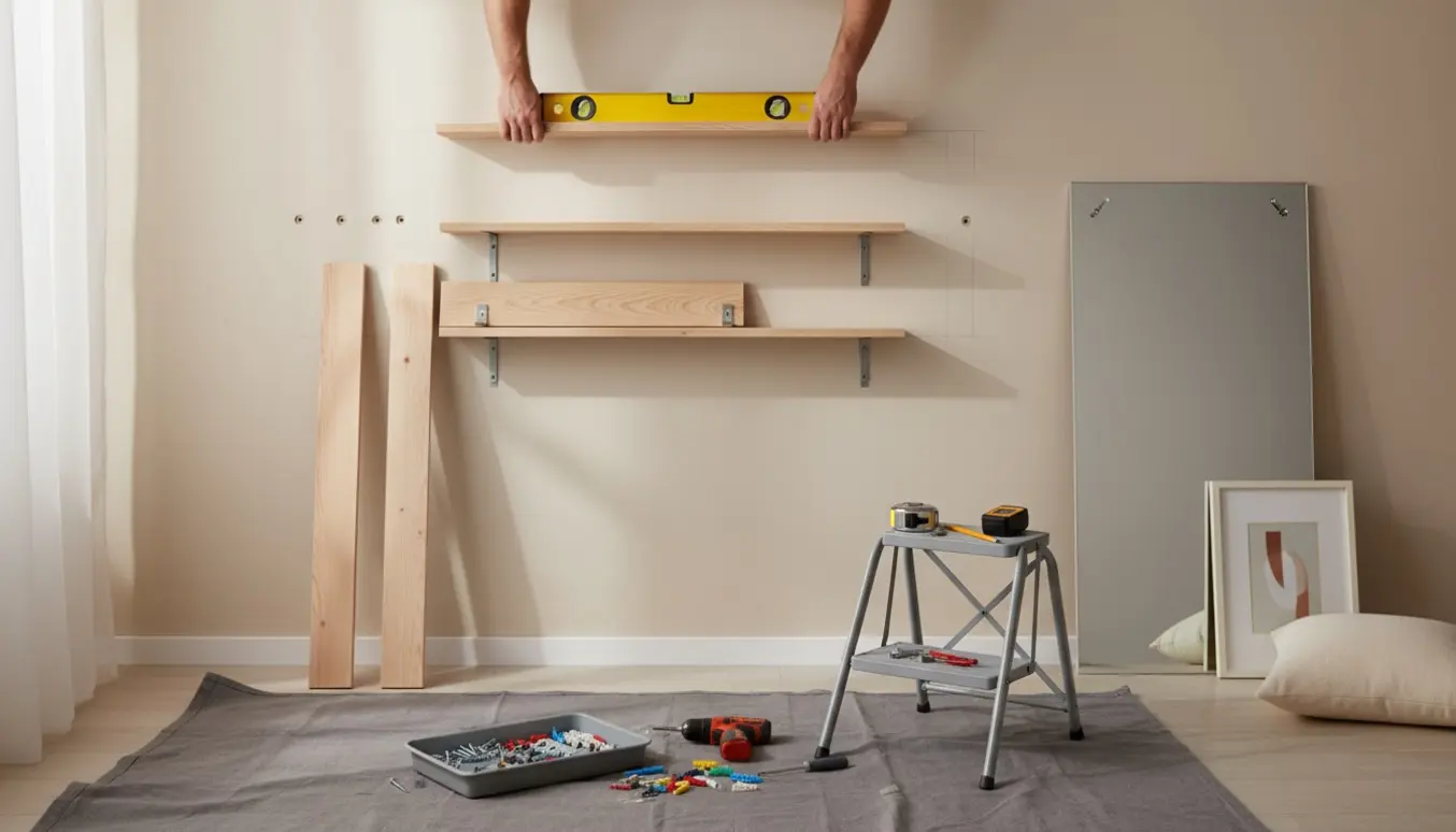 Væg med fire hylder, spejl og lille billede klar til ophængning med værktøj og plugs på en trappestige.