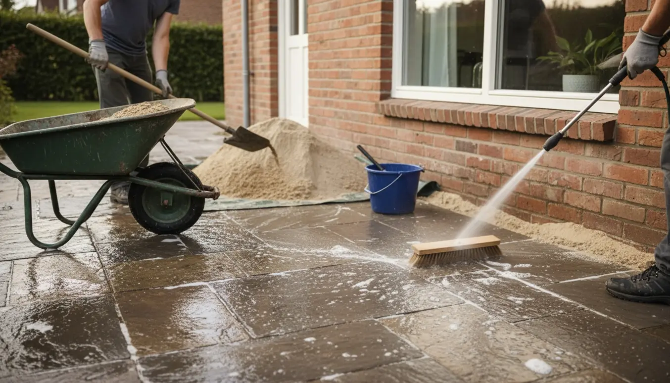 Personer fjerner sand langs en husmur, fejer og vasker fliserne.