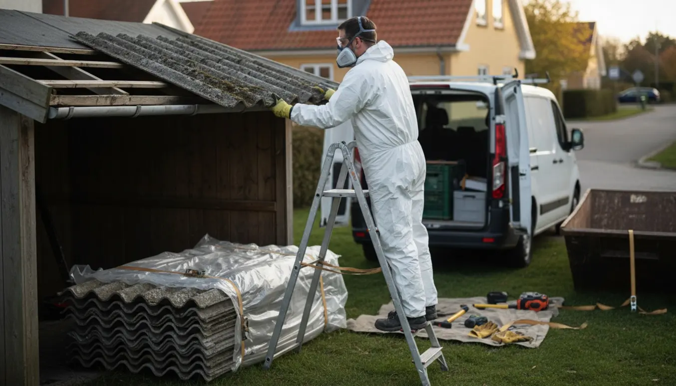 Arbejder i beskyttelsesdragt fjerner gamle cementbølgeplader fra et lavt udhus, stakke klar til afhentning.