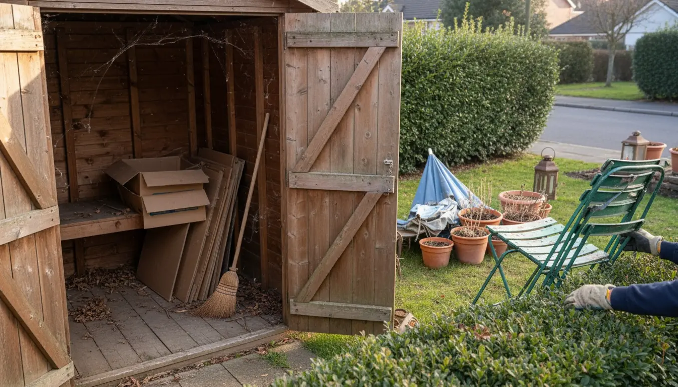Handsker løfter en sammenklappet havestol over en hæk ved et skur med spindelvæv, flyttekasser og krukker.