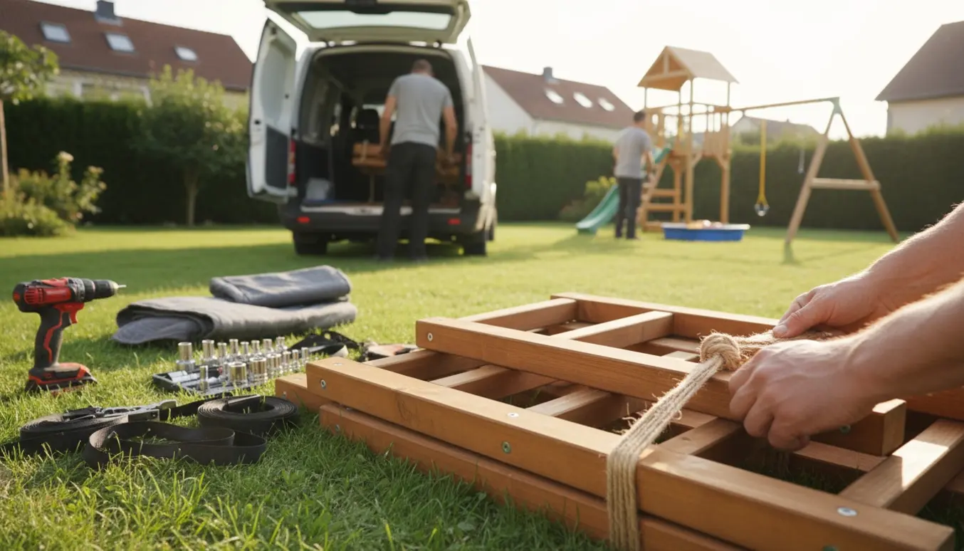 Hænder pakker et nedtaget legetårn ind i tråd ved en åben varevogn i en forstadshave.