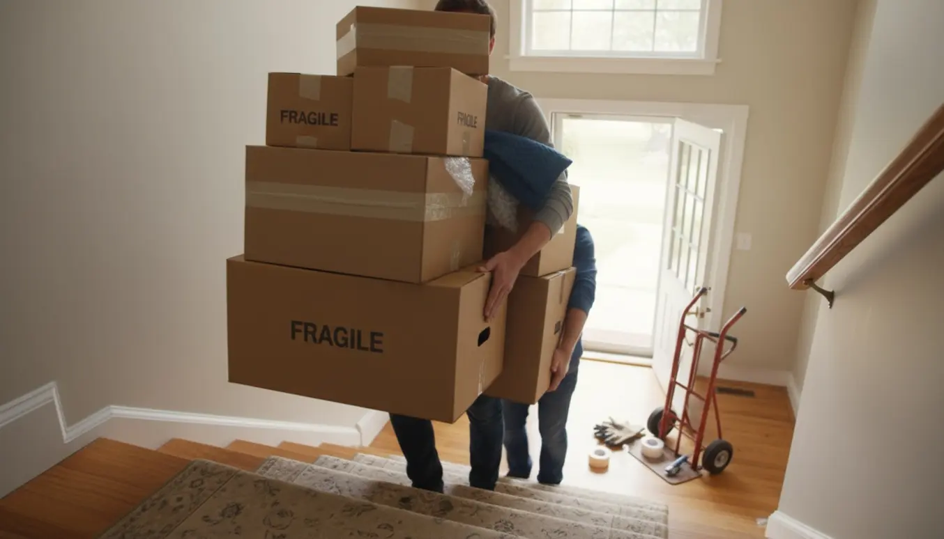 To personer bærer kasser ned ad en trappe fra anden sal under en flytning.