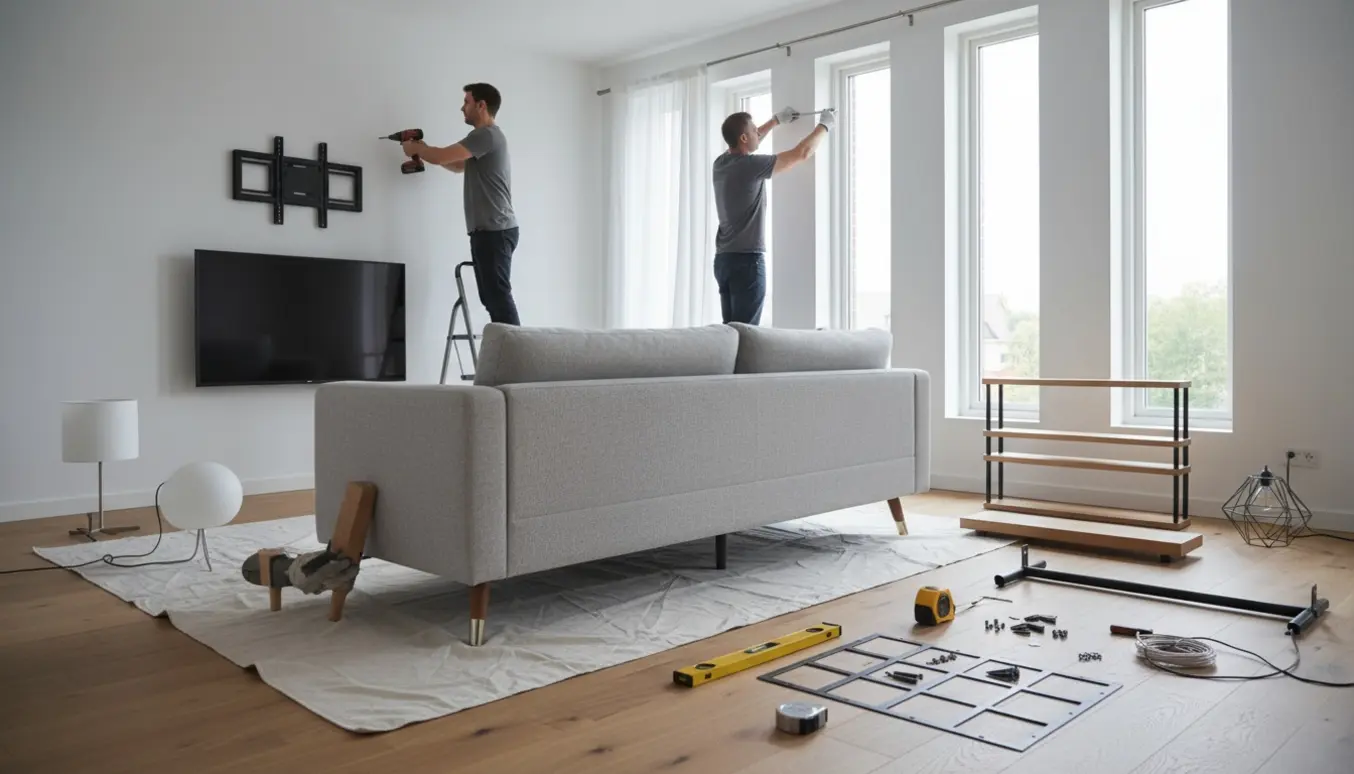 Stue under montering med hænder, værktøj, halvopsatte gardiner, vægmonteret tv, hylder og nye sofaben.