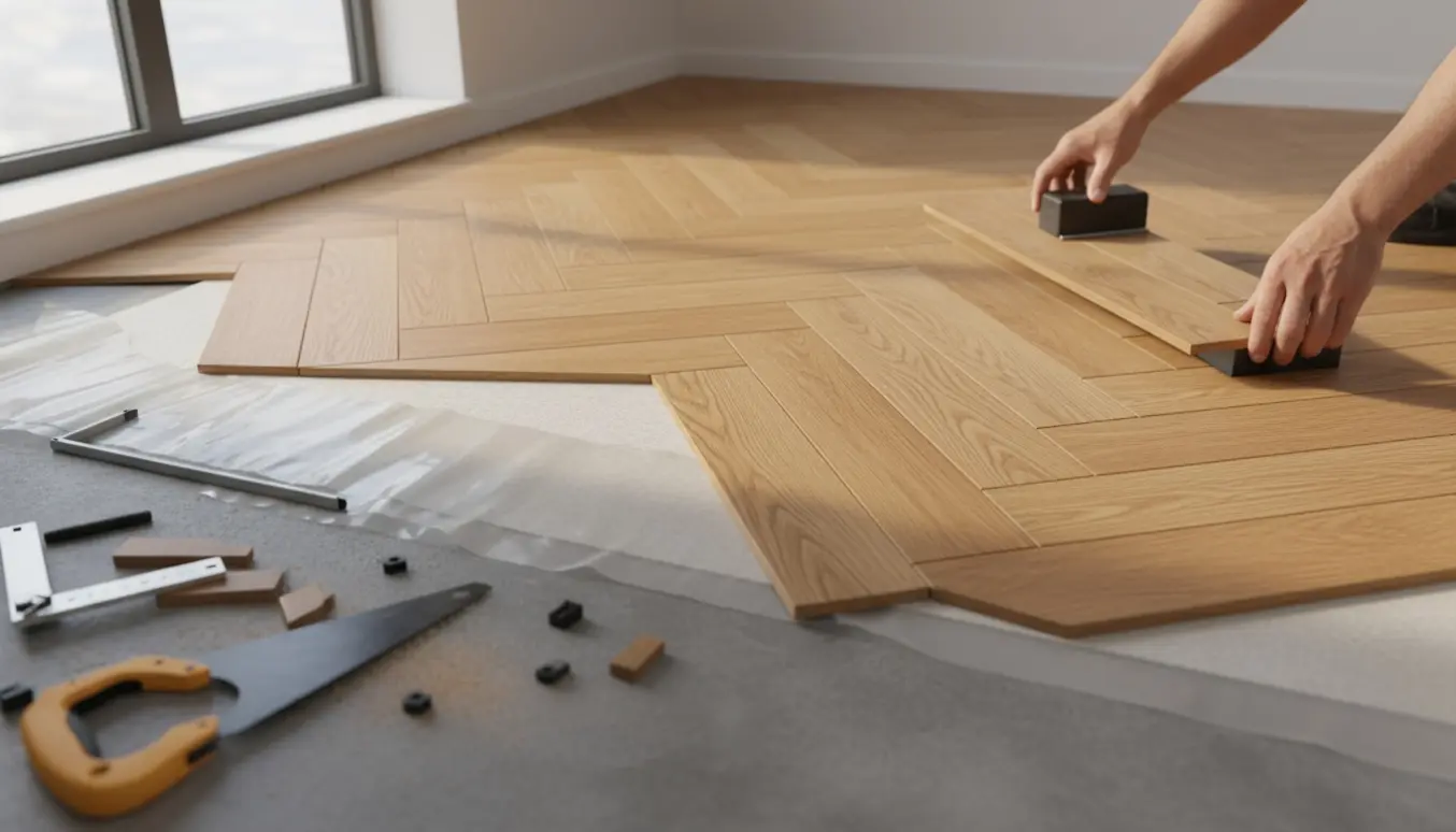 Klikgulv i sildebensmønster bliver lagt ovenpå betongulv med underlag og værktøj synligt.