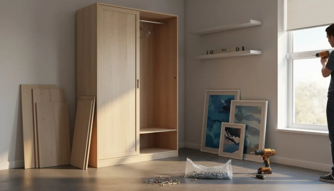 Hænder monterer rullegardin og samler et garderobeskab med værktøj i et lyst rum.