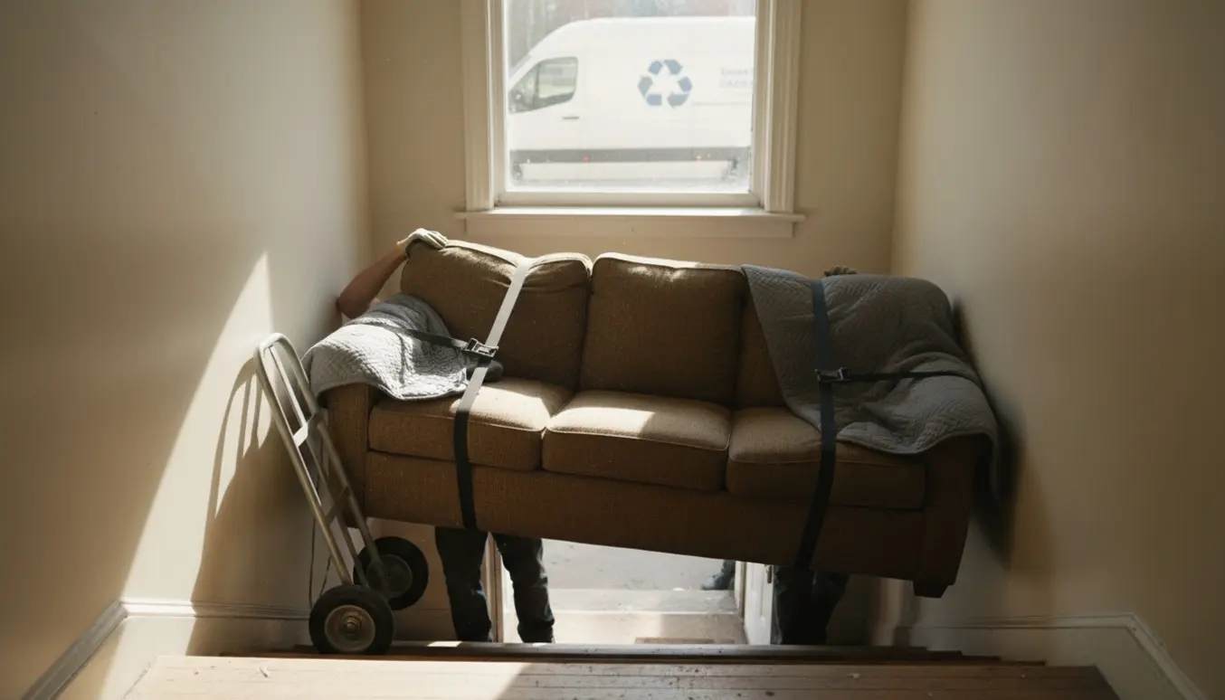 To personer bærer en trepersoners sofa ned ad en opgang mod en ventende genbrugsbil.