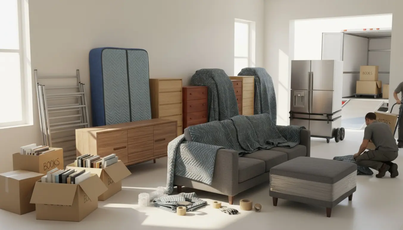 Flyttefolk læsser beskyttede møbler og flere flyttekasser i en varevogn i dagslys.