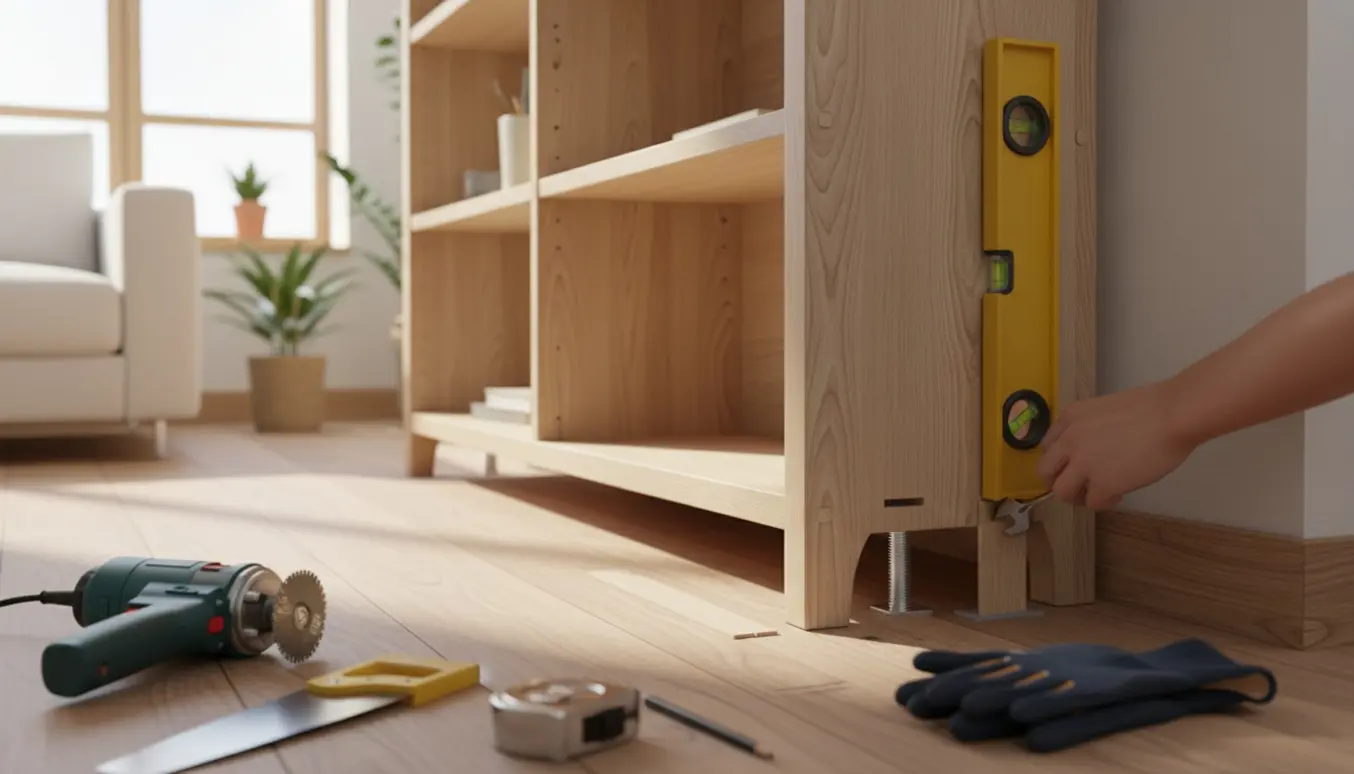 Nærbillede af hænder, der justerer en samlet Ikea-reol med vaterpas og kiler foran et tilpasset fodpanel.