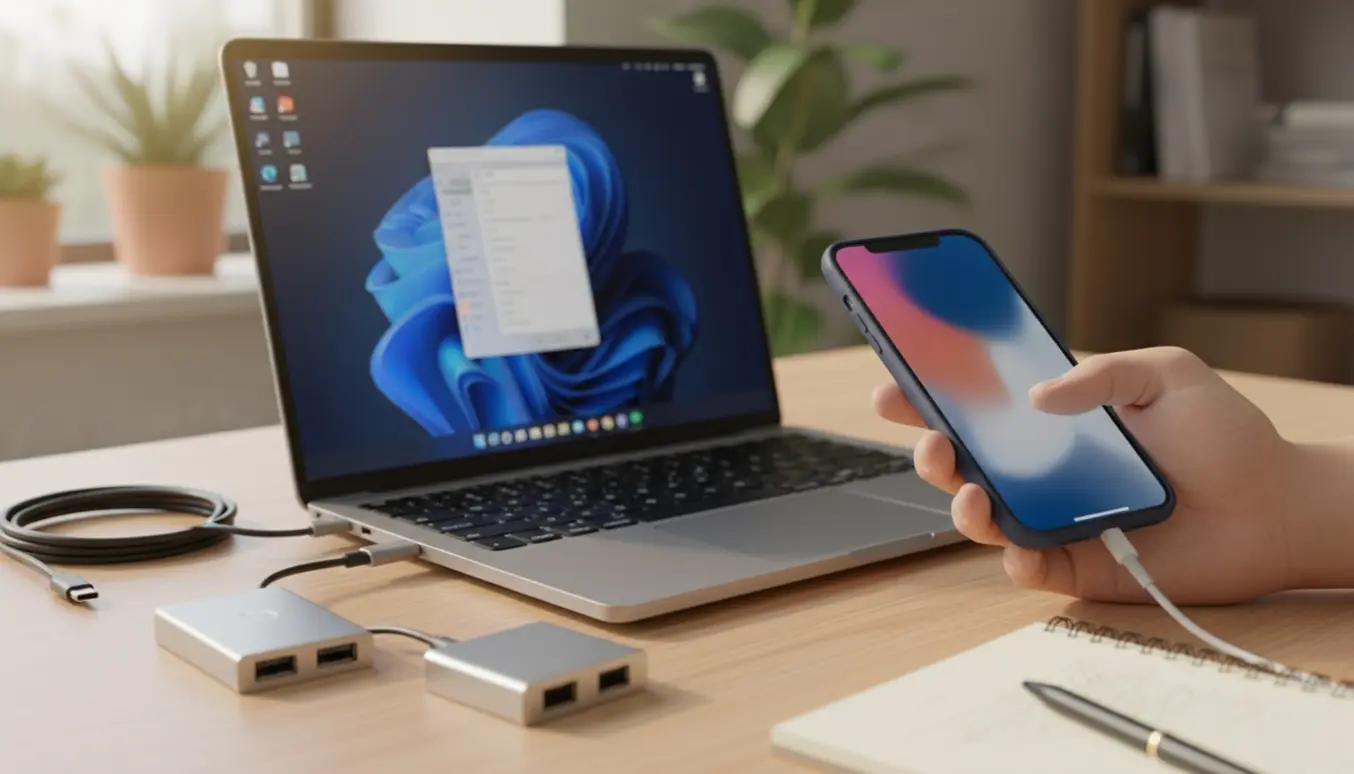 Laptop med Windows 11-stil skrivebord og en iPhone tilsluttet med kabel, mens hænder fejlsøger forbindelsen.