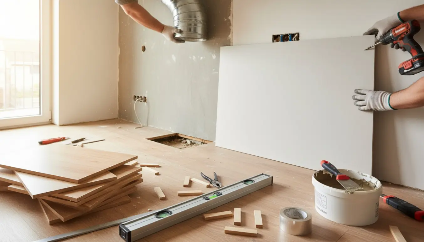 Håndværkerhænder monterer udsugningskanal til emhætte og tilpasser en 20 cm gipsudbygning i et tomt køkken.