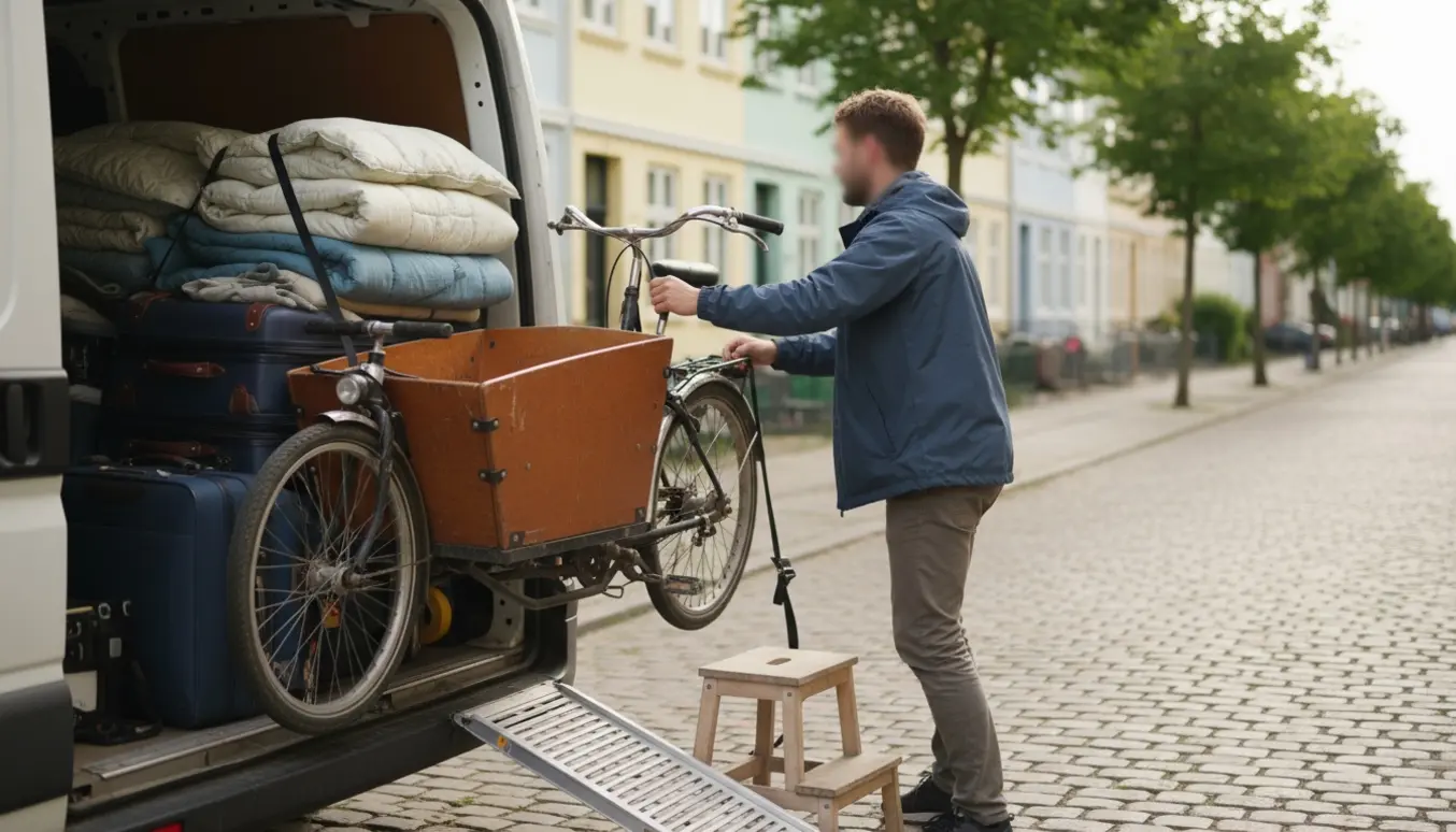 Åben varebil på en stille gade hvor en ladcykel, to kufferter og dyner læsses, set bagfra uden synlige ansigter.