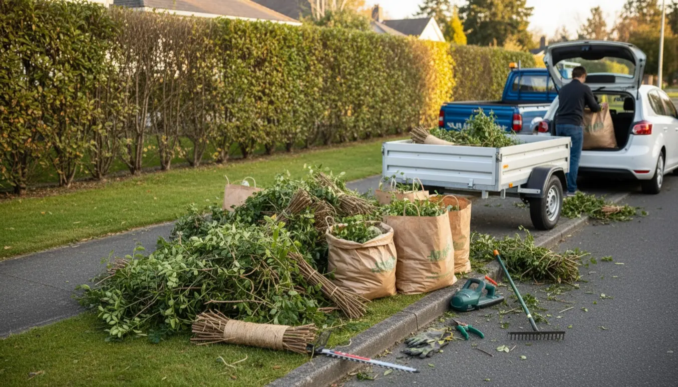 Stak af nyklippede hækgrene bundtet ved vejkant klar til afhentning til genbrugspladsen.