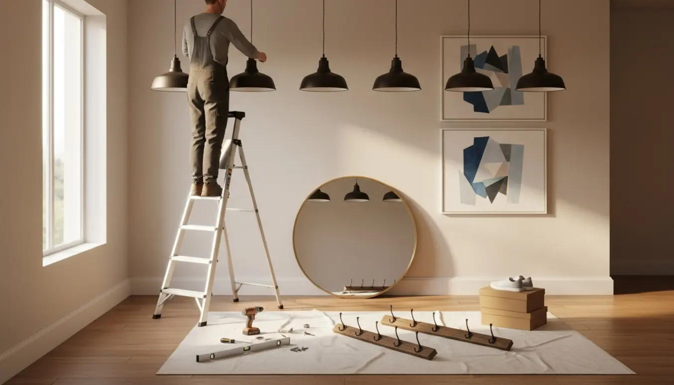 Person på stige hænger en lampe i en lys entré med malerier, spejl, skokasser og knagerækker klar.