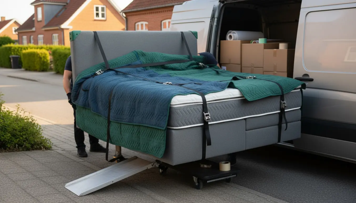 Et 140x200 soveværelsesmøbel med gavl pakket i flyttetæpper og lastet ind i en varevogn i en stille forstad.